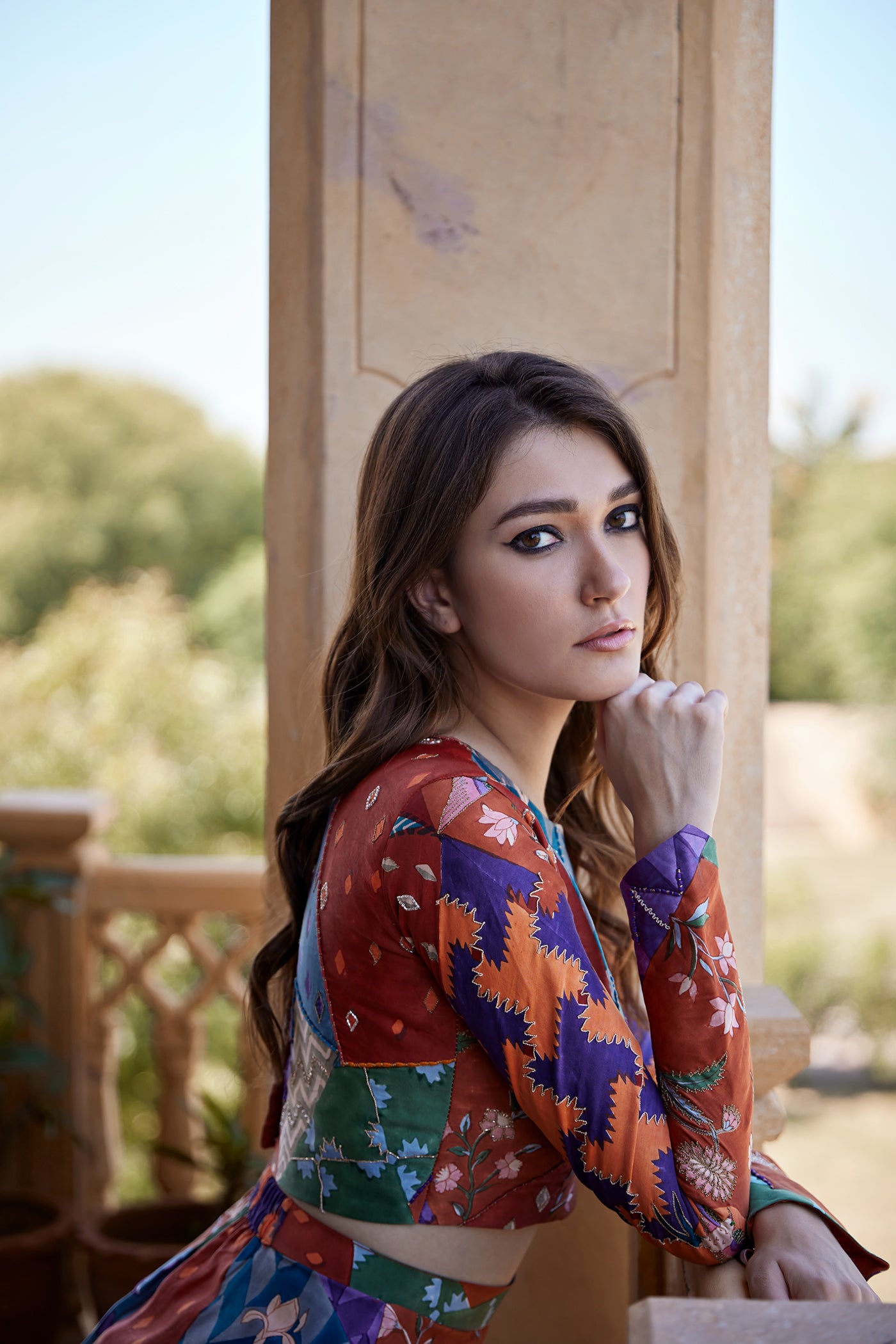 Burnt orange hand block printed skirt set paired with a blouse for women