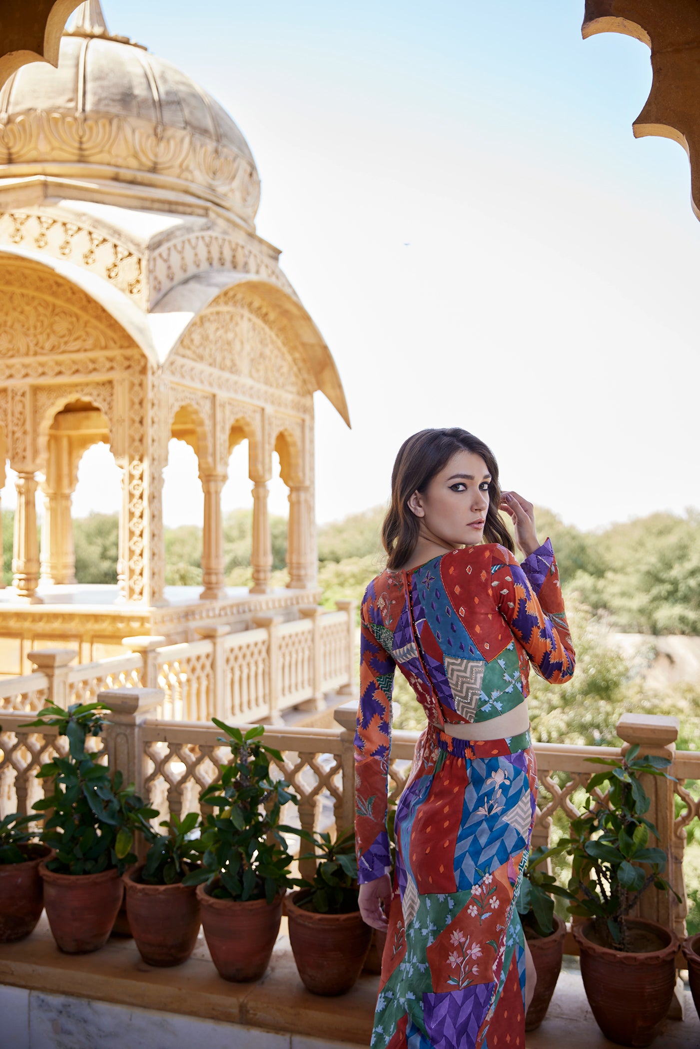 Burnt orange hand block printed skirt set paired with a blouse for women