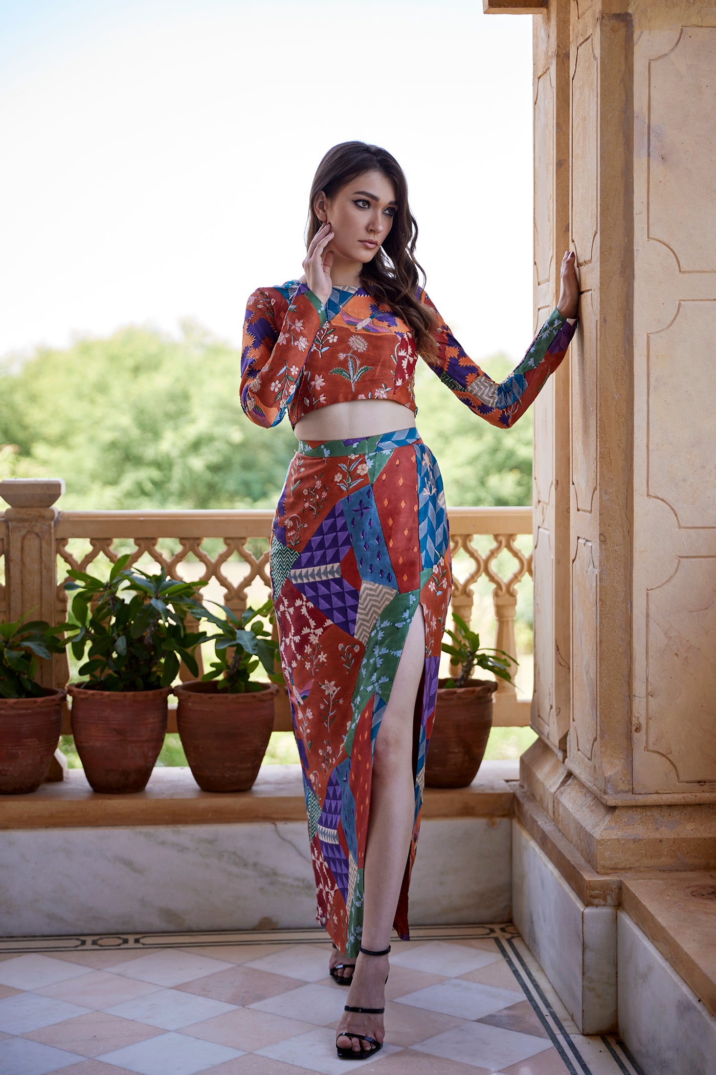 Burnt orange hand block printed skirt set paired with a blouse for women